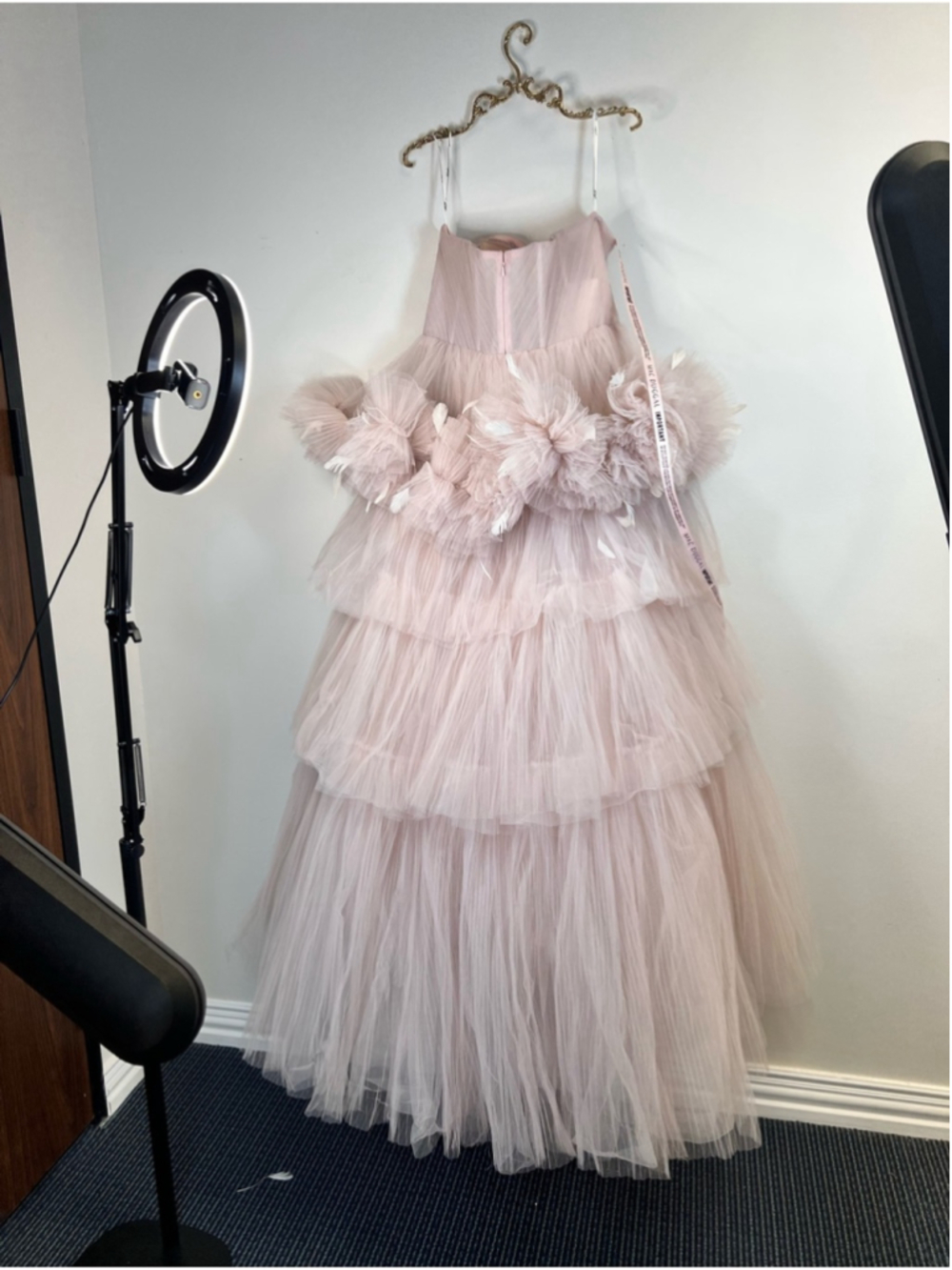 NWT Mac Duggal Strapless Feather-Trim Tiered Tulle Gown - Blush #20572 Size 12 - Picture 6 of 8